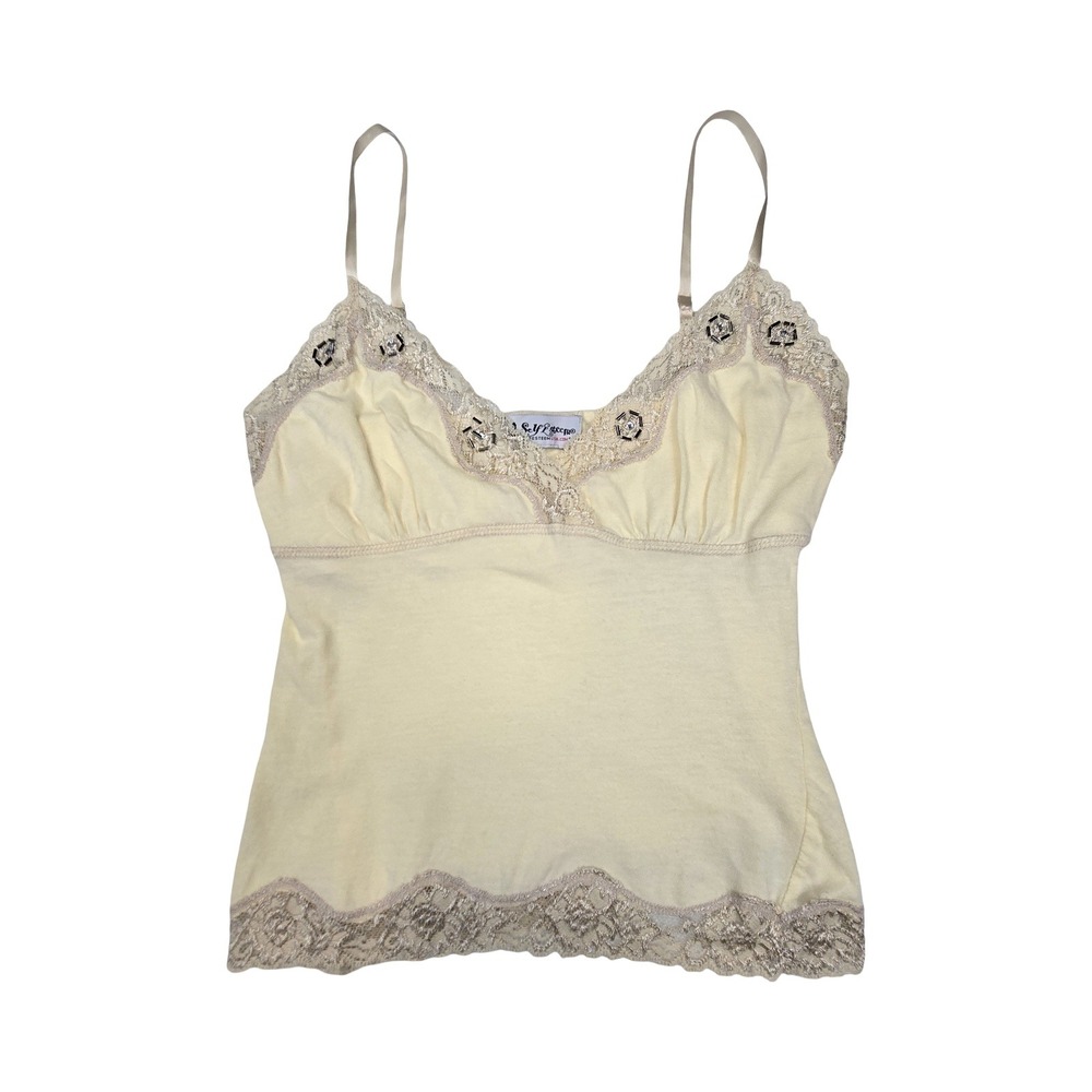 Self Esteem Vintage Y2K Camisole Top Butter Yellow Lace Trim Beaded Tank Top